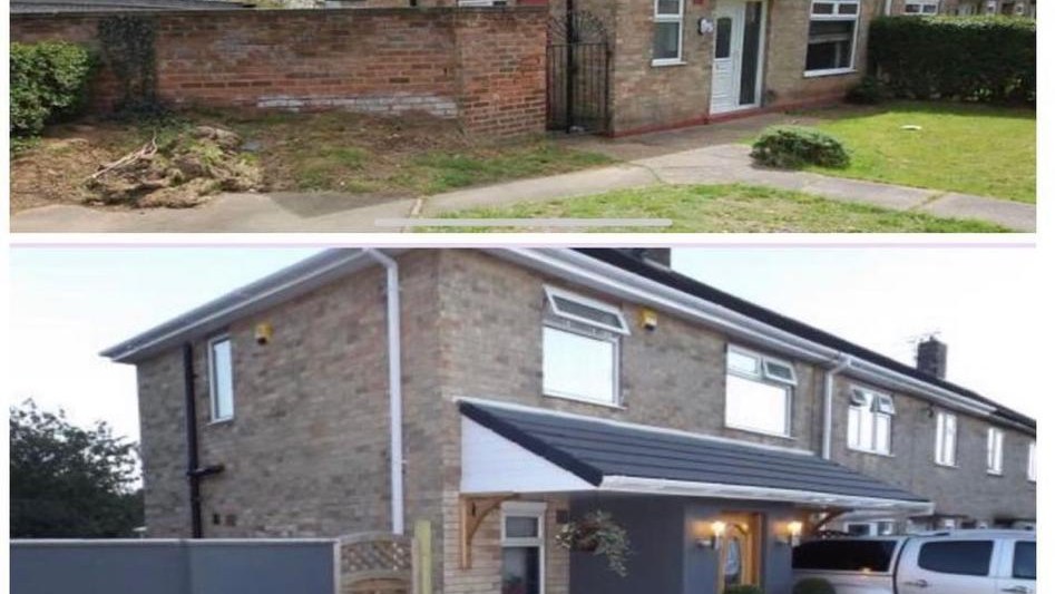A before-and-after view of a house extension with a canopy added over the patio area.
