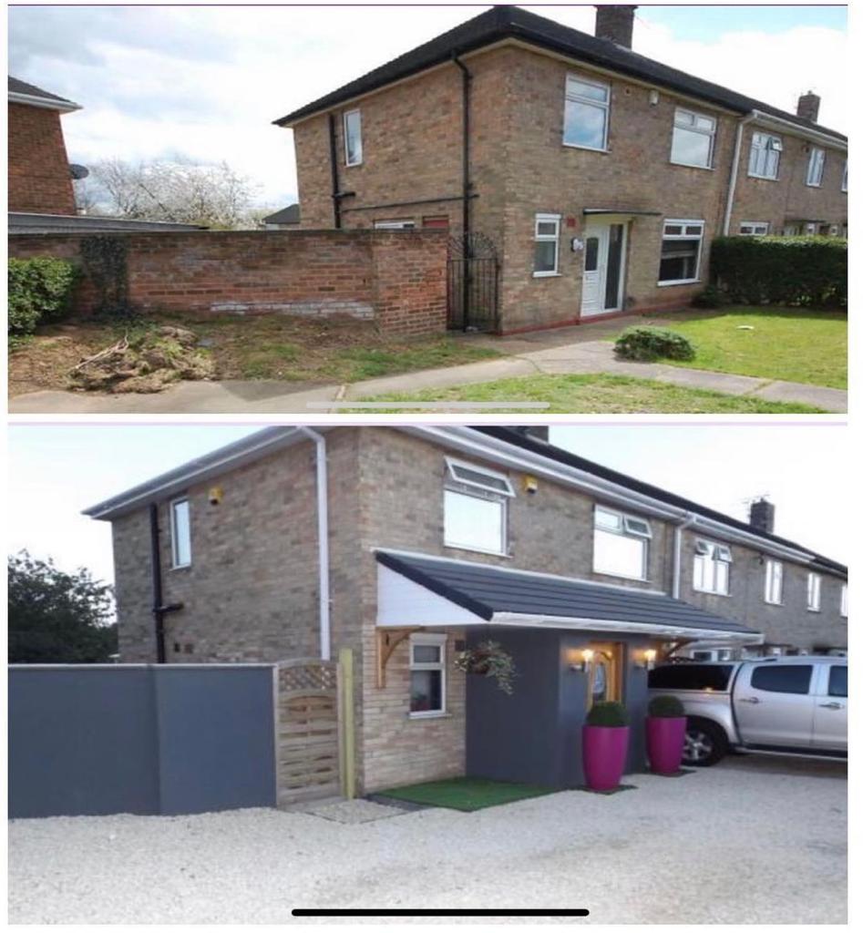 A before-and-after view of a house extension with a canopy added over the patio area.