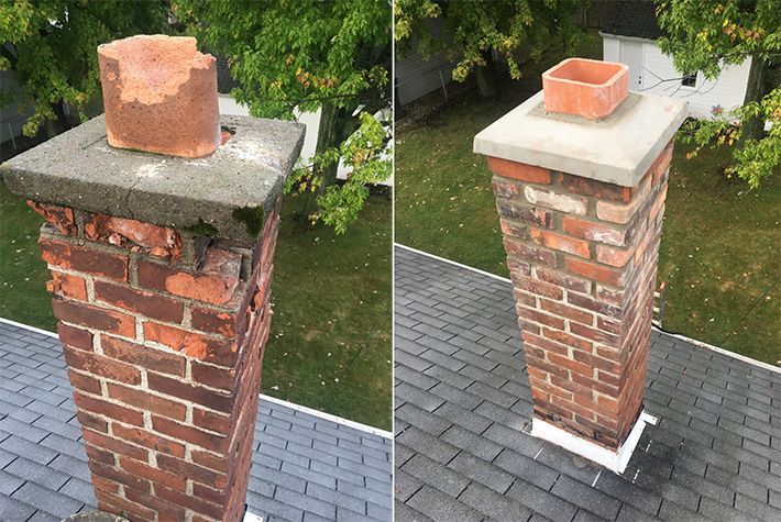 A brick chimney stack on a pitched roof showing repair and repointing work near Mansfield. A brick chimney stack on a pitched roof showing repair and repointing work near Mansfield.