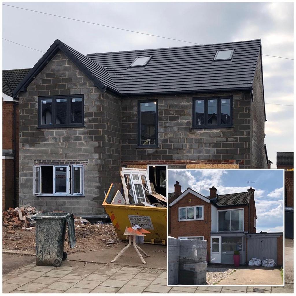 Two-storey brick and blockwork house extension with a newly tiled grey roof and skylights, alongside a builder's skip and construction debris, with an inset photo of the original brick house. Two-storey brick and blockwork house extension with a newly tiled grey roof and skylights, alongside a builder's skip and construction debris, with an inset photo of the original brick house.