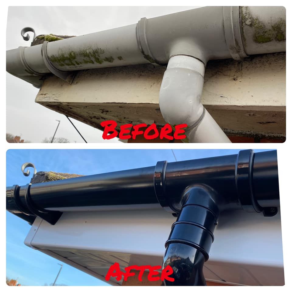 Moss-covered guttering before cleaning, next to clear black guttering after cleaning. Moss-covered guttering before cleaning, next to clear black guttering after cleaning.