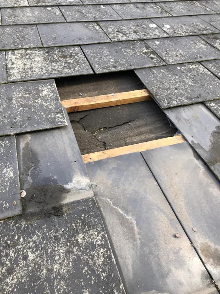 A gap in a grey slate roof exposing the felt underlay and wooden battens beneath, surrounded by moss-covered slates.