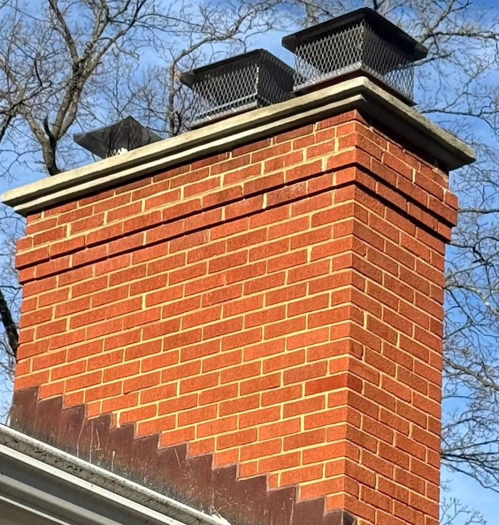 A tall red brick chimney stack fitted with two metal cowls against a roofline. A tall red brick chimney stack fitted with two metal cowls against a roofline.