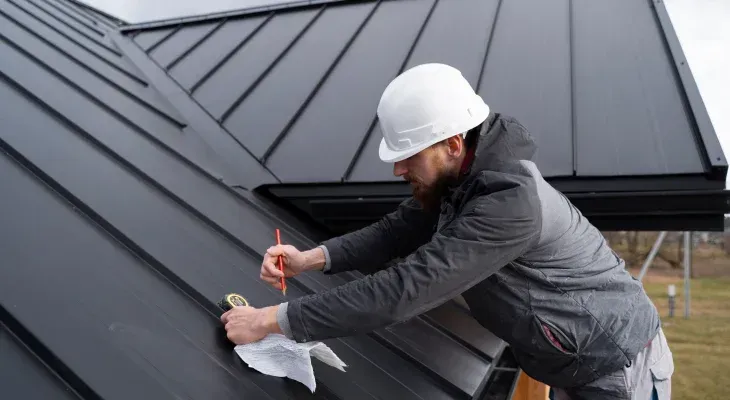 A roofer in a white hard hat and grey jacket measuring and marking a dark standing-seam metal roof panel. A roofer in a white hard hat and grey jacket measuring and marking a dark standing-seam metal roof panel.
