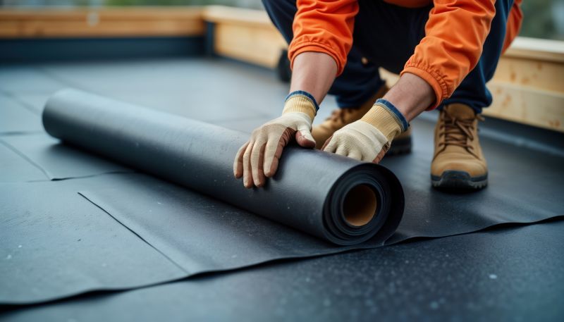 A roofer unrolling a black EPDM rubber roofing membrane across a flat roof deck before it is bonded down. A roofer unrolling a black EPDM rubber roofing membrane across a flat roof deck before it is bonded down.